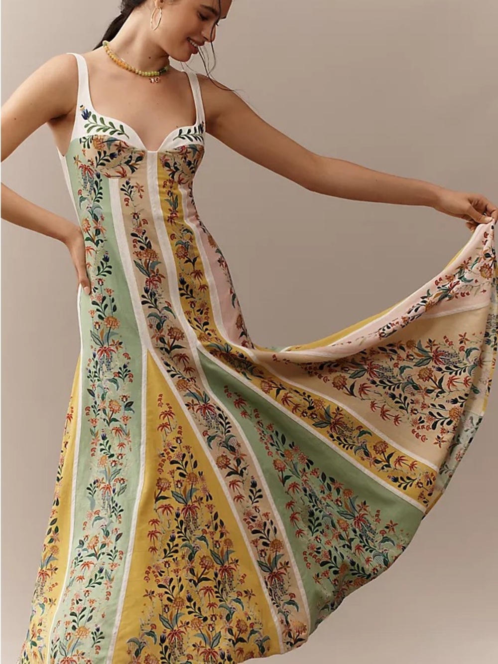 FARM RIO Floral Striped Midi Dress in Yellow and Cream - Picture 3 of 7